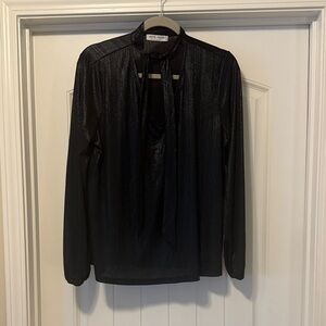 Elegant Metallic Black Tie-Neck Blouse